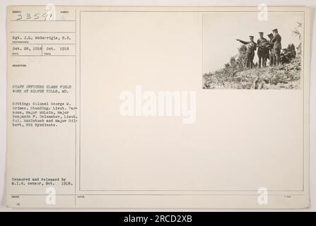 Sergent J.L. McGarrigle a pris une photographie (111-SC-23591 33591) le 28 octobre 1918, lors d'un travail sur le terrain de classe d'officiers d'état-major à Silver Hills, MD. Les individus présents sur l'image sont le colonel George M. Grimes (assis) et Lieut. Parsons, Major McLain, Major Benjamin F. Delamater, Lieut. Colonel Macintosh et Major G11-bert (debout). La photographie a été censurée et publiée par le censeur du M.I.D en octobre 1918. Banque D'Images