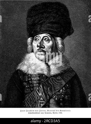 Portrait de Hans Joachim von Zieten, né le 14 mai 1699, était un général de cavalerie prussienne notable au cours du 18e siècle. Il est considéré comme l'un des commandants de cavalerie les plus renommés de son temps et a joué un rôle vital dans les succès militaires de la Prusse. Von Zieten servit sous les ordres du roi Frédéric le Grand et participa à de nombreuses batailles, dont la guerre de succession d'Autriche et la guerre de sept ans. Il est connu pour son talent tactique, son leadership audacieux et sa maîtrise de la guerre de cavalerie. Les unités de cavalerie de von Zieten jouent un rôle déterminant dans plusieurs victoires clés et dans ses manœuvres stratégiques Banque D'Images