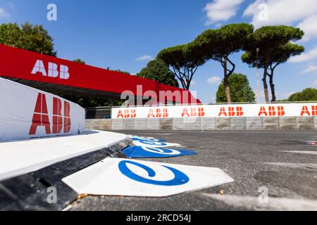 Rome, Italie. 14 juillet 2023. Illustration, signalétique ABB en piste lors de l'ePrix Hankook Rome 2023, 10e réunion du Championnat du monde ABB FIA Formula E 2022-23, sur le circuit Cittadino dell'EUR du 14 au 16 juillet 2023 à Rome, Italie - photo Julien Delfosse/DPPI crédit : DPPI Media/Alamy Live News Banque D'Images