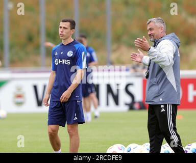 Gelsenkirchen, Deutschland. 29 juin 2023. Firo : 06/29/2023, football, football, 2e division, 2e Bundesliga, Saison 2023/2024, FC Schalke 04, entraînement, entraîneur Thomas REIS, geste, Avec Ron SCHALLENBERG/dpa/Alamy Live News Banque D'Images