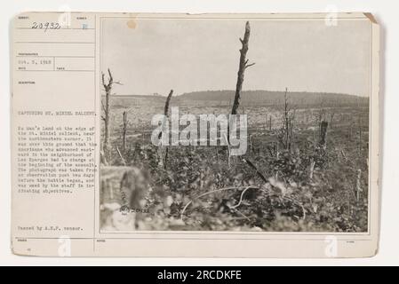 Photographie prise le 5 octobre 1918 par Reed. Il représente No Man's Land au bord de la rue Mihiel saillant et utilisé par l'état-major pour indiquer les objectifs avant la bataille. Les Américains ont dû charger sur ce terrain lors de l'assaut sur les Eparges. La photographie est marquée comme passée par le censeur de l'A.E.F. ». Banque D'Images