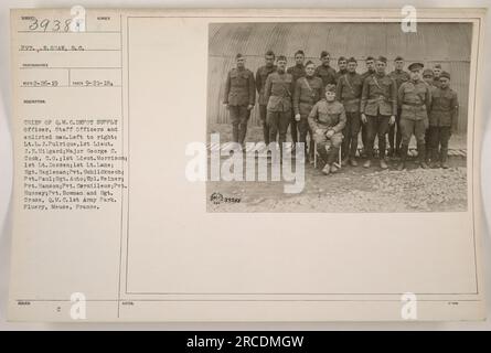 PVT.R. SHAW, S.C., a pris cette photographie portant le numéro d'identification 111-SC-39388 le 21 septembre 1918. Il montre un groupe de militaires au numéro Chief of Q.M. C. Depot Supply Officer à Fluery, Meuse, France. Les individus sur la photo sont de gauche à droite : Lt L. J.pulrique, laissez Lieut. J. E. Hilgard, Major George C. Cook, C.0, 1e Lieut. Morrison, 1e lieutenant dessen, 1e lieutenant Lane, sergent Hegleman, soldat Schildknech, Pvt.Paul, Sgt. Auto, UPL. Weiner, soldat Hanson, soldat Cerailleus, soldat Hussey, soldat Bowman, Et le sergent Cross, Q.M. C. 1st Army Park. Banque D'Images