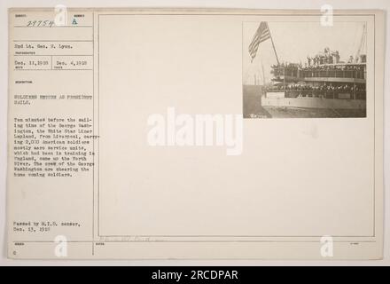 Soldats revenant alors que le président navigue. Le 4 décembre 1918, 2nd Lt Geo. H. Lyon a capturé une photographie du White Star Liner, en Laponie, transportant 2 000 soldats américains qui s'étaient entraînés en Angleterre. Les soldats étaient arrivés par la rivière Nord, juste dix minutes avant que le navire ne soit censé naviguer. L'équipage du George Washington est vu applaudir les soldats rentrés chez eux. (Photo d'identité : 111-SC-29754) Banque D'Images