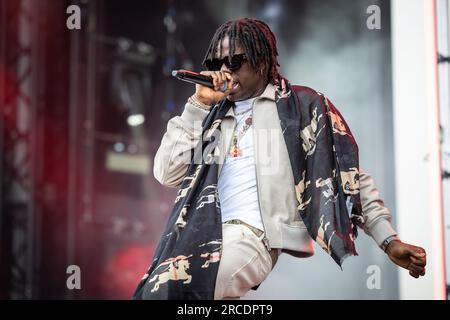 Tonsberg, Norvège. 12 juillet 2023. Le chanteur et rappeur nigérian Rema donne un concert live lors du festival de musique norvégien Slottsfjell 2023 à Tonsberg près d'Oslo. Crédit photo : Gonzales photo - Tord Litleskare). Banque D'Images