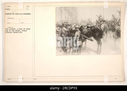 Les troupes de cavalerie françaises font une pause lors de leur voyage vers les lignes de front pendant la première Guerre mondiale Un total de 57 031 est désigné pour cette photographie, qui a été prise par le photographe Captain H.E. Townsend et dessiné par lui aussi. L'image montre la présence de la cavalerie française dans l'effort de guerre. Banque D'Images