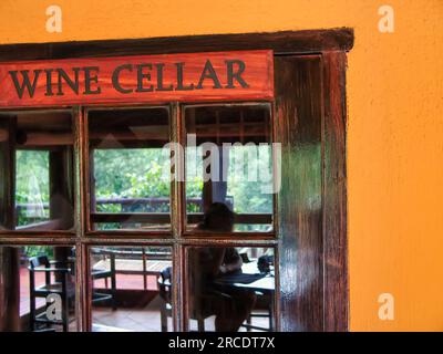 porte d'entrée en bois d'une cave à vin, terrasse avec terrasse reflétée dans le verre Banque D'Images