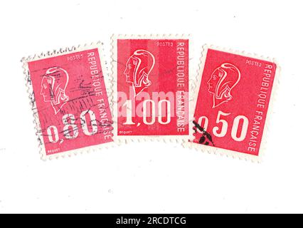 Timbres-poste vintage de France sur fond blanc. Banque D'Images