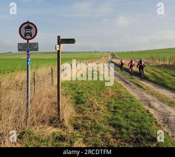 Cyclistes sur un chemin de Downland dans le Wiltshire. Banque D'Images