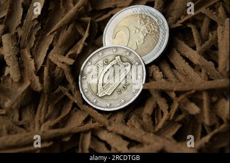 L'avers irlandais représente la harpe celtique, symbole traditionnel de l'Irlande. Face nationale de la pièce de 2 euros. Banque D'Images