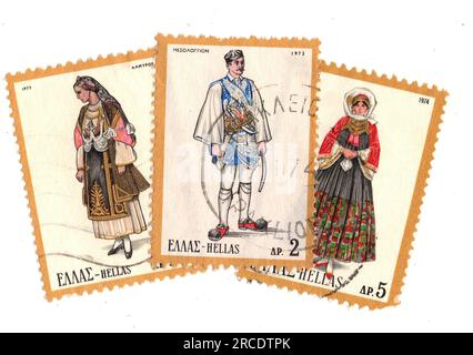 Timbres-poste vintage de Grèce sur fond blanc. Banque D'Images