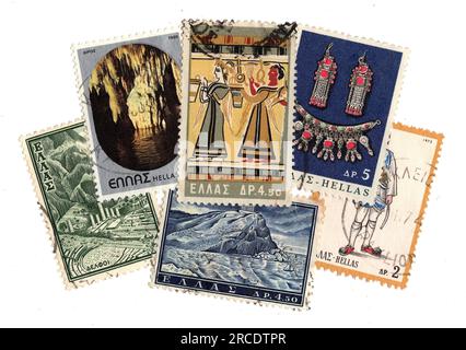 Timbres-poste vintage de Grèce sur fond blanc. Banque D'Images