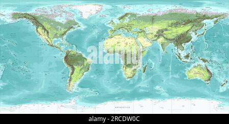 Carte du monde physique détaillée projection équirectangulaire Illustration de Vecteur