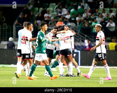 Sao Paulo, Brésil. 13 juillet 2023. Célébration pendant le match entre Palmeiras et Sao Paulo à Allianz Parque à Sao Paulo, Brésil (Fernando Roberto/SPP) crédit : SPP Sport Press photo. /Alamy Live News Banque D'Images