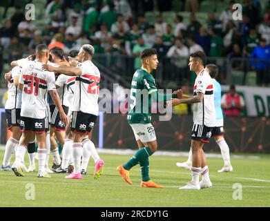 Sao Paulo, Brésil. 13 juillet 2023. Célébration pendant le match entre Palmeiras et Sao Paulo à Allianz Parque à Sao Paulo, Brésil (Fernando Roberto/SPP) crédit : SPP Sport Press photo. /Alamy Live News Banque D'Images