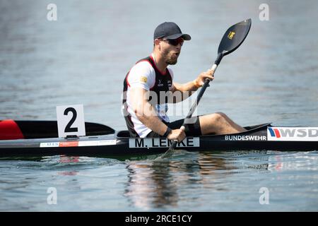 Max LEMKE (KC Potsdam), vainqueur, médaille d'or, action, finale canoë K1 hommes, hommes, canoë sprint parallèle, compétitions de canoë le 9 juillet 2023 à Duisburg / Allemagne les finales 2023 Rhin-Ruhr de 06,07 - 09.07.2023 Banque D'Images