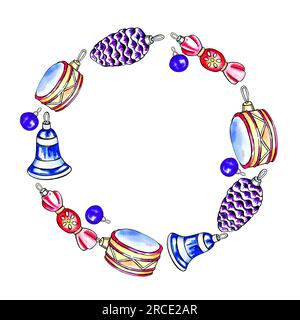 cadre de cercle d'aquarelle avec des éléments festifs, illustration ronde de dessin à la main de jouets colorés d'arbre de noël, cloche, seets, tambour pour la nouvelle année, noël, Banque D'Images