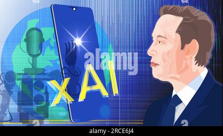 Elon Musk a fondé Xai. Portrait d'Elon Musk, robot et inscription Xai. Banque D'Images