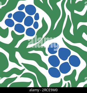 Abstrait Matisse Aesthetic Berry Seamless Pattern. Doodle Curves feuilles et baies dans le style naïf hippie 1970. Groovy Floral Vector Art dans des couleurs vertes et bleues pour T-shirts, papier peint, téléphone de cas. Illustration de Vecteur