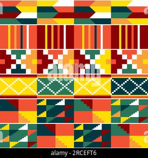 Modèle géométrique textile sans couture de vecteur tribal africain Kente - style traditionnel de tissu de boue nwentoma du Ghana, africain en jaune, rouge et vert Illustration de Vecteur