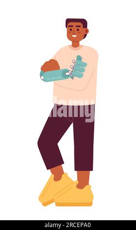 Heureux jeune homme croisé main et bionique main semi plat vecteur de couleur caractère Illustration de Vecteur