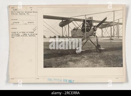 Photographie rapprochée de l'arrière d'un avion voisin prise à la station d'expérimentation de l'aviation à Hampton, en Virginie. L'image a été prise le 19 septembre 1918 par le photographe Rood. La description précise que la photo est à usage officiel seulement et porte le numéro de référence 03292. Banque D'Images