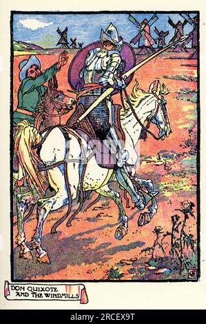 Don Quichotte de la Mancha, chargeant les moulins à vent, de Walter Crane, Don Quichotte est un roman épique espagnol de Miguel de Cervantes. Banque D'Images