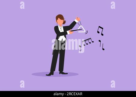 Business plat style dessin animé dessine femme musicienne jouant triangle musical. Artiste d'orchestre classique avec instrument de musique. Musicien professionnel perf Banque D'Images