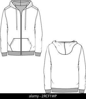 Vecteur de conception de modèle de dessin technique Zipper Hoodie Sweatshirt Flat Sketches pour homme Illustration de Vecteur