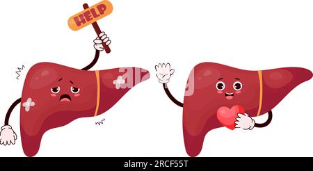 Mignon foie de dessin animé. Heureux et malheureux le caractère d'organe humain malade est malade, souffrant et demandant de l'aide. Illustration vectorielle. Mascotte drôle isolée Illustration de Vecteur