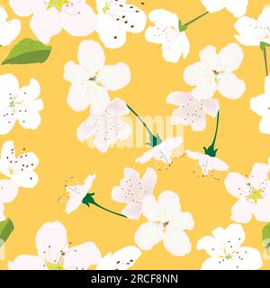 Modèle sans couture avec des fleurs blanches et fond jaune pour les impressions ; conception de fleurs de cerise blanche avec fond rouge Illustration de Vecteur