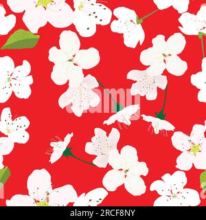 Motif sans couture avec fleurs blanches et fond rouge pour les imprimés ; motif fleurs de cerise blanches avec fond rouge Illustration de Vecteur