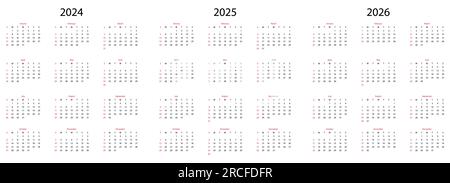 Calendrier 2024, calendrier 2025, calendrier 2026. La semaine commence le dimanche. Illustration vectorielle Illustration de Vecteur