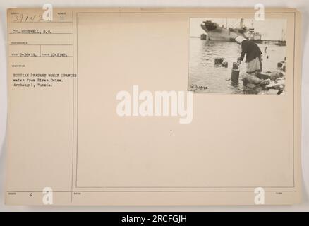 Le caporal Shotwell a capturé cette image le 27 octobre 1918, montrant une paysanne russe puisant de l’eau dans la rivière Dwina à Archange, en Russie. La photographie donne un aperçu de la vie quotidienne et des activités de la population locale pendant la première Guerre mondiale C Remarques : 39148. Banque D'Images