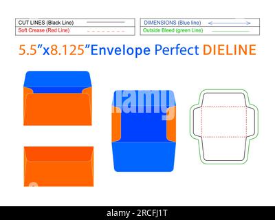 Modifiable facilement redimensionnable 5,5 x 8,125 pouces modèle de ligne de découpe d'enveloppe de livret et enveloppe 3D. Illustration de Vecteur