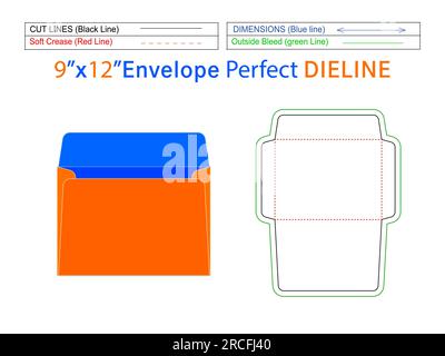 Modifiable facilement redimensionnable modèle de ligne de découpe d'enveloppe de livret 9x12 pouces et enveloppe 3D. Illustration de Vecteur