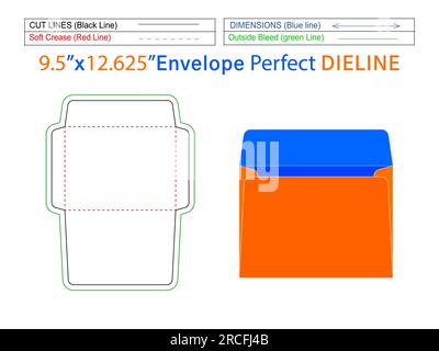 Modèle de ligne de découpe d'enveloppe de livret 9.5x12.625 pouces et enveloppe 3D modifiable facilement redimensionnable Illustration de Vecteur