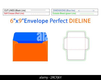 Modèle de ligne de découpe d'enveloppe de livret 6x9 pouces et enveloppe 3D modifiable facilement redimensionnable Illustration de Vecteur