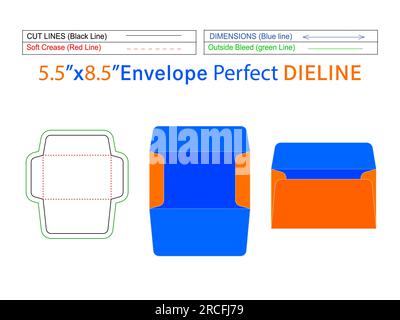 5,5x8,5 pouces modifiable facilement redimensionnable modèle de ligne de découpe d'enveloppe de livret et enveloppe 3D. Illustration de Vecteur