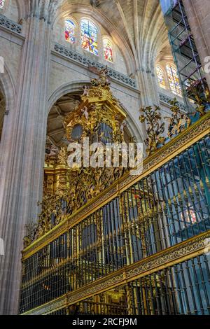 Orgue à pipe et écran de chœur à la cathédrale de Ségovie - Ségovie, Espagne Banque D'Images