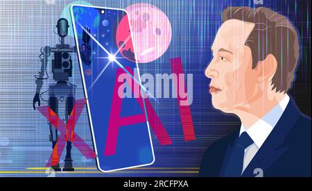 Elon Musk a fondé Xai. Portrait d'Elon Musk, robot et inscription Xai. Banque D'Images