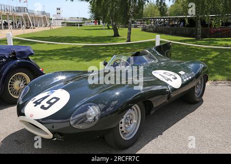 Jaguar Works « long-Nose » d-type (XKD 505, voiture gagnante du Mans 1955), Mike Hawthorn Track Day, Goodwood, Sussex, Angleterre, Royaume-Uni, Europe Banque D'Images