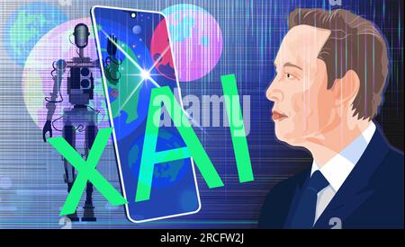 Elon Musk a fondé Xai. Portrait d'Elon Musk, robot et inscription Xai. Banque D'Images