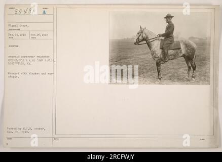 Cette photographie représente une école centrale de formation des officiers pour l'artillerie de campagne au camp Taylor à Louisville, Kentucky. L'image montre un cheval monté avec une couverture et un surcingle. La photographie a été prise entre le 21 décembre 1918 et le 26 novembre 1919. Il a été approuvé par le censeur du M.I.D. le 24 décembre 1918. Banque D'Images