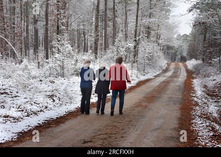 Deux filles emprennent leur mère âgée de 100 ans, sur une promenade froide et enneigée. Ils sont en marche sur une route de terre, entourée de forêt. Road Disappe Banque D'Images
