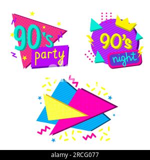 Ensemble avec des éléments de conception colorés de style des années 1990, lettrage avec des formes géométriques abstraites, illustration vectorielle pour invitation à un événement ou à une fête Illustration de Vecteur