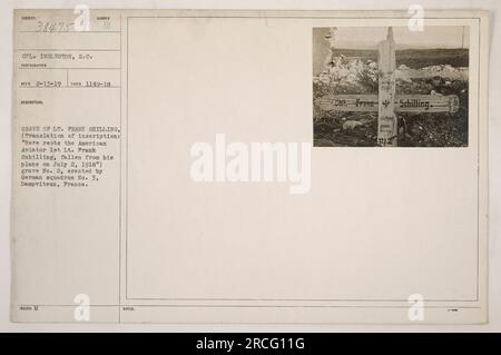 Le caporal Ingleston, C.S., photographe, a pris cette photo le 13 février 1919, portant la référence 111-SC-38475. Il montre la tombe du 1e lieutenant Frank Schilling, un aviateur américain tombé de son avion le 2 juillet 1918. La tombe, portant le numéro 2, a été érigée par l'escadron allemand numéro 3 à Dampviteux, en France. » Banque D'Images