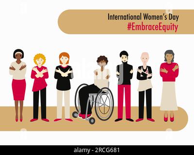Journée internationale de la femme 2023 les portraits de groupes multiethniques de personnes #EmbraceEquity donnent à l'équité une grande adhésion. Adoptez l'équité. Égalité des chances a Illustration de Vecteur