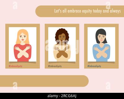 Les portraits #EmbraceEquity donnent à l'équité une énorme adhésion. Journée internationale de la femme 2023 embrasser l'équité. L'égalité des chances ne suffit plus Vector il Illustration de Vecteur