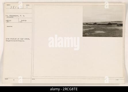 L'image représente le lieutenant Strohmeyer des États-Unis Armée au Camp Souge en Gironde, France. La photo, numérotée 111-SC-38162, a été prise le 1-6-19 et montre le lieutenant Strohmeyer devant des écuries ouvertes. Cette image fait partie d'une série documentant les activités militaires américaines pendant la première Guerre mondiale. Banque D'Images