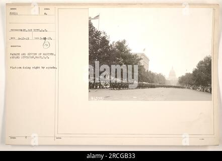 Marines de la deuxième Division participant à un défilé et une revue à Washington, DC Le peloton est vu en train d'exécuter une manœuvre de droite par escouades. La photographie, prise le 18 août 1919 par GT. JOR HITZ.S.C., a été officiellement publié avec les notes 96223/3-10. Banque D'Images